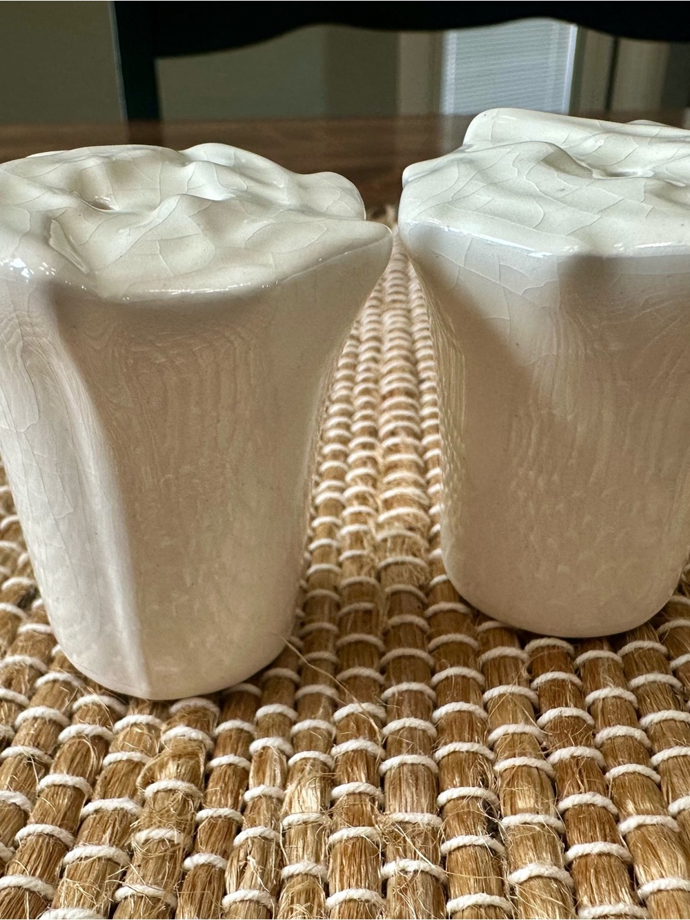 White Ceramic Salt and Pepper Shakers - Textured lettuce Top